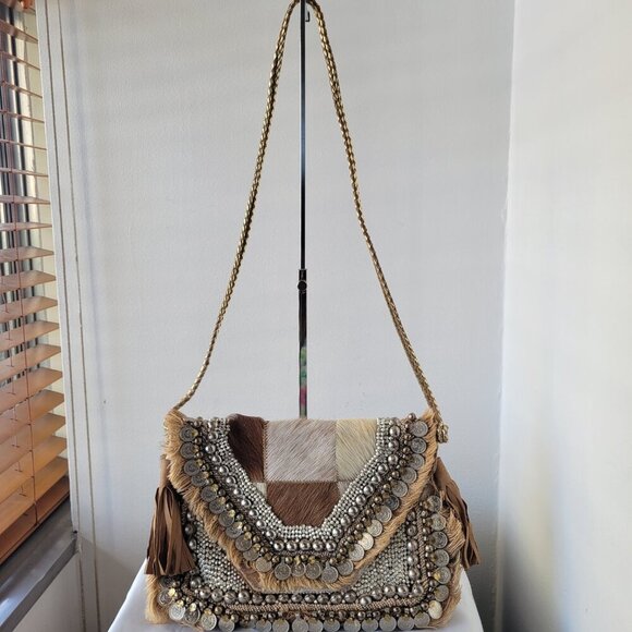 ibBan Anthropologie Hair on Hide Embellished Crossbody Bag w/ Braided Strap - Picture 10 of 16